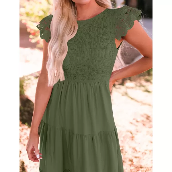 imageZESICA Womens 2024 Casual Crew Neck Flutter Sleeve Smocked High Waist Hollow Out Lace Trim Tiered A Line Midi DressArmygreen