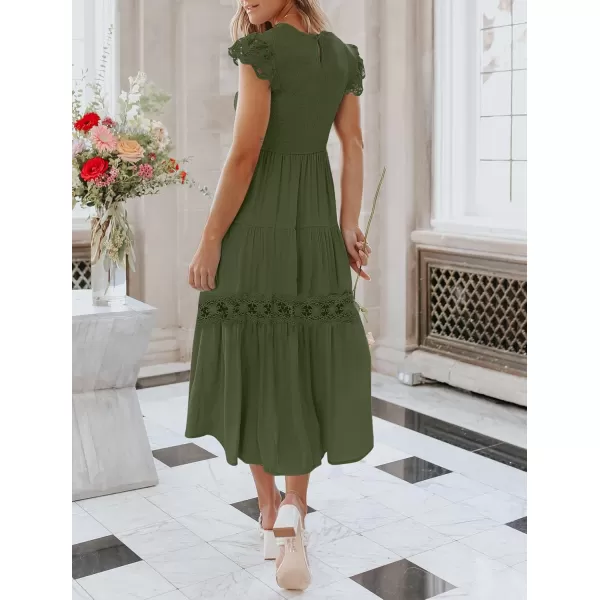 imageZESICA Womens 2024 Casual Crew Neck Flutter Sleeve Smocked High Waist Hollow Out Lace Trim Tiered A Line Midi DressArmygreen