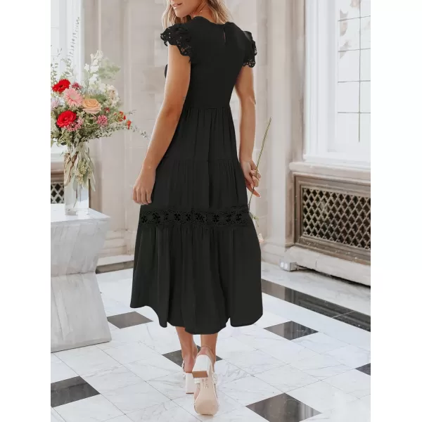 imageZESICA Womens 2024 Casual Crew Neck Flutter Sleeve Smocked High Waist Hollow Out Lace Trim Tiered A Line Midi DressBlack