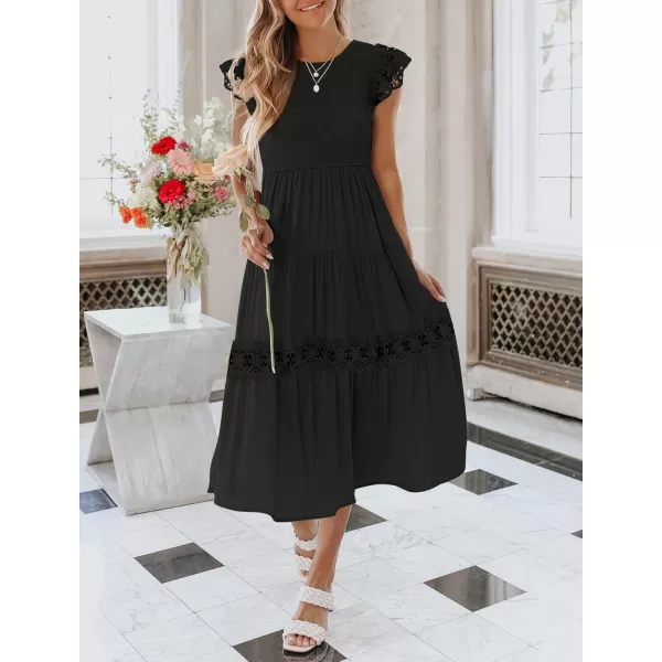 imageZESICA Womens 2024 Casual Crew Neck Flutter Sleeve Smocked High Waist Hollow Out Lace Trim Tiered A Line Midi DressBlack