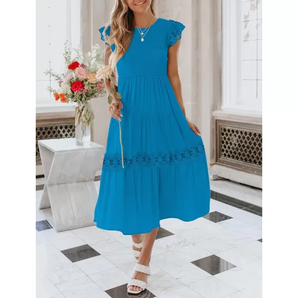 imageZESICA Womens 2024 Casual Crew Neck Flutter Sleeve Smocked High Waist Hollow Out Lace Trim Tiered A Line Midi DressCobaltblue