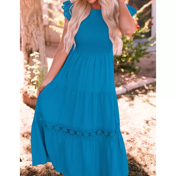imageZESICA Womens 2024 Casual Crew Neck Flutter Sleeve Smocked High Waist Hollow Out Lace Trim Tiered A Line Midi DressCobaltblue