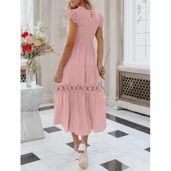 imageZESICA Womens 2024 Casual Crew Neck Flutter Sleeve Smocked High Waist Hollow Out Lace Trim Tiered A Line Midi DressDarkpink