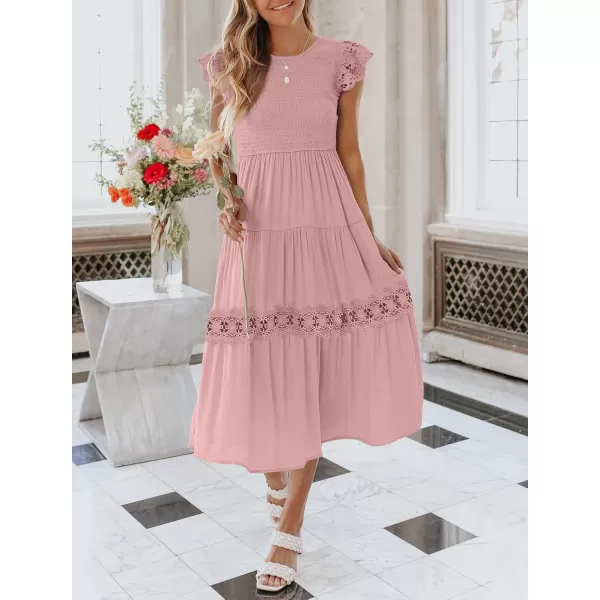 imageZESICA Womens 2024 Casual Crew Neck Flutter Sleeve Smocked High Waist Hollow Out Lace Trim Tiered A Line Midi DressDarkpink