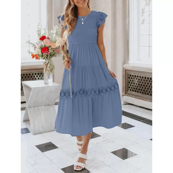 imageZESICA Womens 2024 Casual Crew Neck Flutter Sleeve Smocked High Waist Hollow Out Lace Trim Tiered A Line Midi DressDustyblue