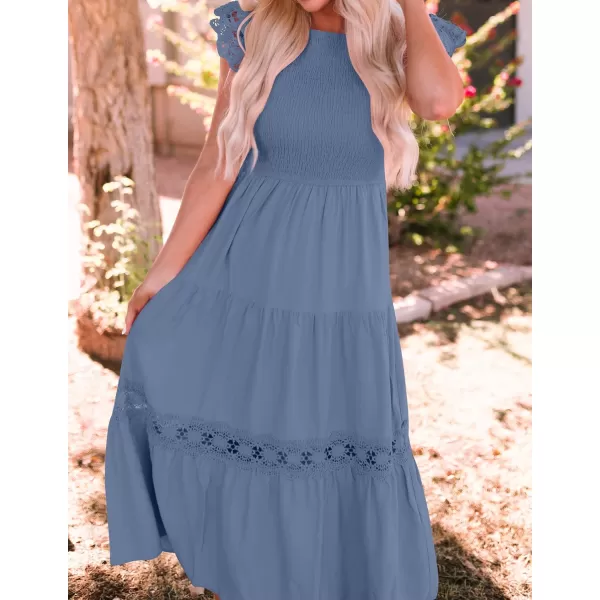 imageZESICA Womens 2024 Casual Crew Neck Flutter Sleeve Smocked High Waist Hollow Out Lace Trim Tiered A Line Midi DressDustyblue