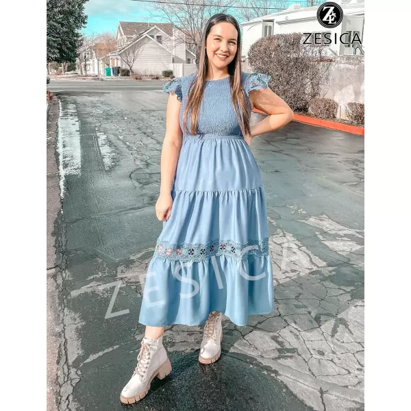 imageZESICA Womens 2024 Casual Crew Neck Flutter Sleeve Smocked High Waist Hollow Out Lace Trim Tiered A Line Midi DressDustyblue