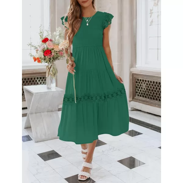 imageZESICA Womens 2024 Casual Crew Neck Flutter Sleeve Smocked High Waist Hollow Out Lace Trim Tiered A Line Midi DressForestgreen