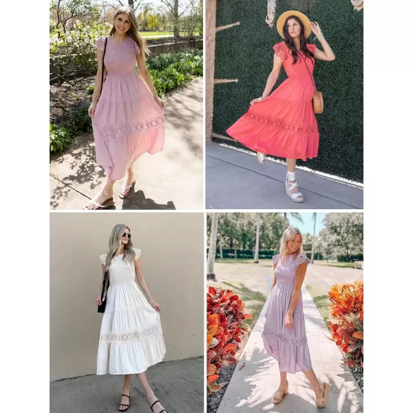 imageZESICA Womens 2024 Casual Crew Neck Flutter Sleeve Smocked High Waist Hollow Out Lace Trim Tiered A Line Midi DressGinger