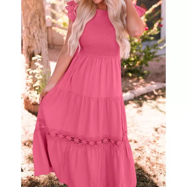 imageZESICA Womens 2024 Casual Crew Neck Flutter Sleeve Smocked High Waist Hollow Out Lace Trim Tiered A Line Midi DressHotpink