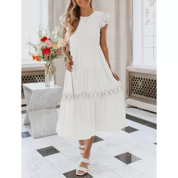 imageZESICA Womens 2024 Casual Crew Neck Flutter Sleeve Smocked High Waist Hollow Out Lace Trim Tiered A Line Midi DressIvory