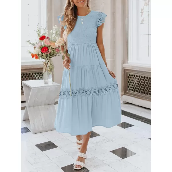 imageZESICA Womens 2024 Casual Crew Neck Flutter Sleeve Smocked High Waist Hollow Out Lace Trim Tiered A Line Midi DressLightblue