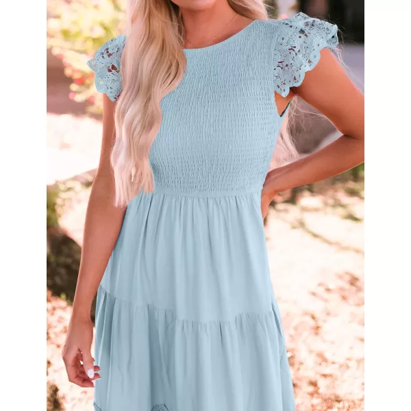 imageZESICA Womens 2024 Casual Crew Neck Flutter Sleeve Smocked High Waist Hollow Out Lace Trim Tiered A Line Midi DressLightblue