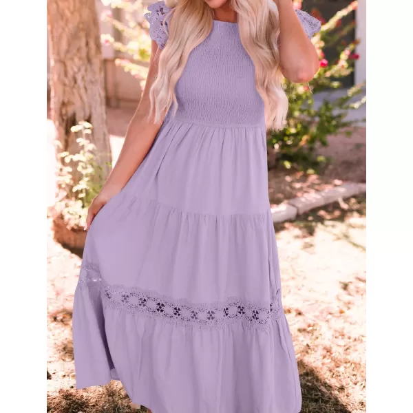 imageZESICA Womens 2024 Casual Crew Neck Flutter Sleeve Smocked High Waist Hollow Out Lace Trim Tiered A Line Midi DressLightpurple
