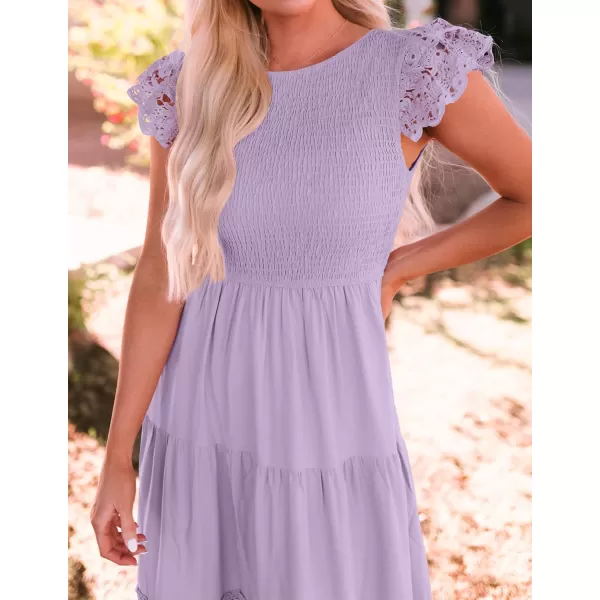 imageZESICA Womens 2024 Casual Crew Neck Flutter Sleeve Smocked High Waist Hollow Out Lace Trim Tiered A Line Midi DressLightpurple