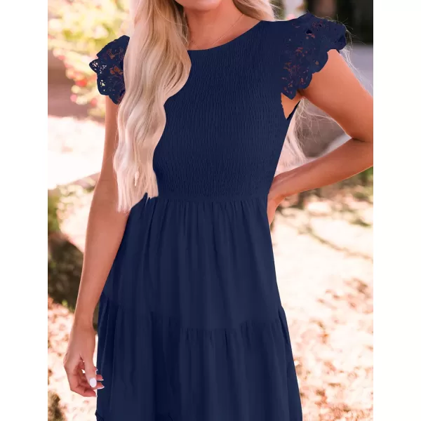 imageZESICA Womens 2024 Casual Crew Neck Flutter Sleeve Smocked High Waist Hollow Out Lace Trim Tiered A Line Midi DressNavy