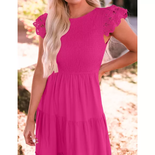 imageZESICA Womens 2024 Casual Crew Neck Flutter Sleeve Smocked High Waist Hollow Out Lace Trim Tiered A Line Midi DressRose
