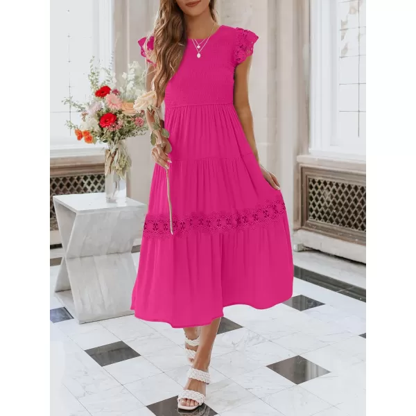 imageZESICA Womens 2024 Casual Crew Neck Flutter Sleeve Smocked High Waist Hollow Out Lace Trim Tiered A Line Midi DressRose