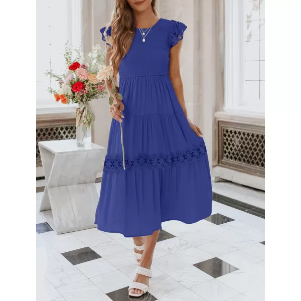 imageZESICA Womens 2024 Casual Crew Neck Flutter Sleeve Smocked High Waist Hollow Out Lace Trim Tiered A Line Midi DressRoyalblue