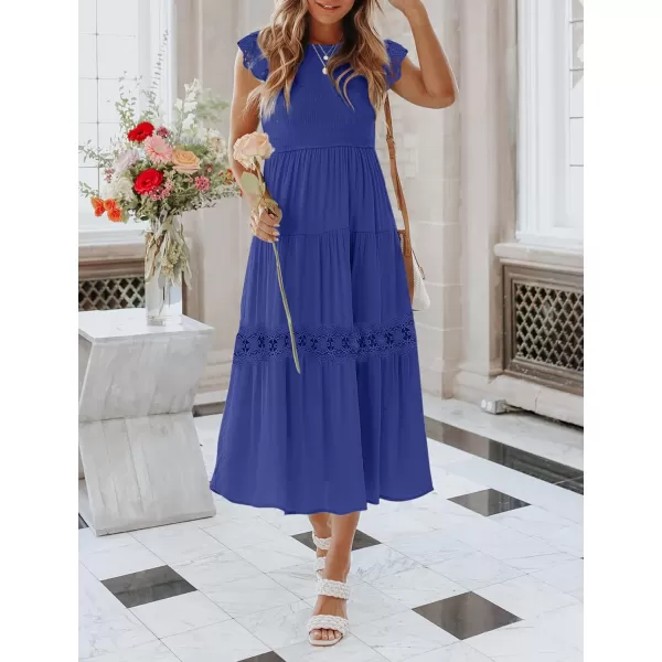 imageZESICA Womens 2024 Casual Crew Neck Flutter Sleeve Smocked High Waist Hollow Out Lace Trim Tiered A Line Midi DressRoyalblue