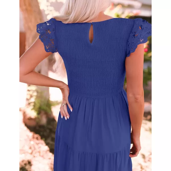 imageZESICA Womens 2024 Casual Crew Neck Flutter Sleeve Smocked High Waist Hollow Out Lace Trim Tiered A Line Midi DressRoyalblue