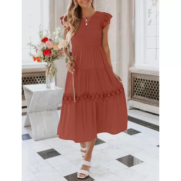 imageZESICA Womens 2024 Casual Crew Neck Flutter Sleeve Smocked High Waist Hollow Out Lace Trim Tiered A Line Midi DressRust