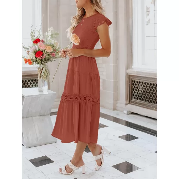 imageZESICA Womens 2024 Casual Crew Neck Flutter Sleeve Smocked High Waist Hollow Out Lace Trim Tiered A Line Midi DressRust