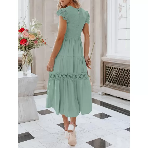 imageZESICA Womens 2024 Casual Crew Neck Flutter Sleeve Smocked High Waist Hollow Out Lace Trim Tiered A Line Midi DressSage