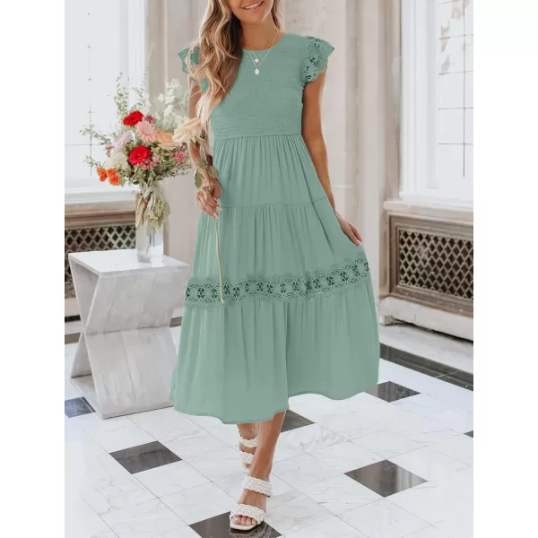 imageZESICA Womens 2024 Casual Crew Neck Flutter Sleeve Smocked High Waist Hollow Out Lace Trim Tiered A Line Midi DressSage