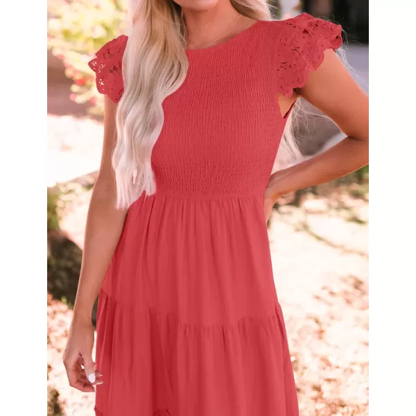 imageZESICA Womens 2024 Casual Crew Neck Flutter Sleeve Smocked High Waist Hollow Out Lace Trim Tiered A Line Midi DressWatermelon
