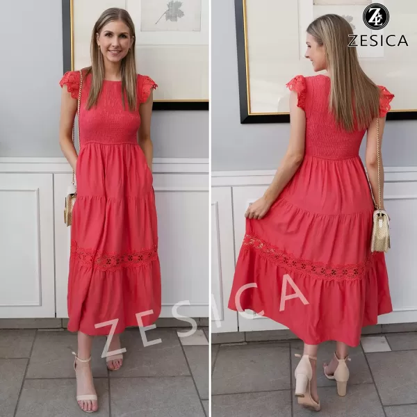 imageZESICA Womens 2024 Casual Crew Neck Flutter Sleeve Smocked High Waist Hollow Out Lace Trim Tiered A Line Midi DressWatermelon