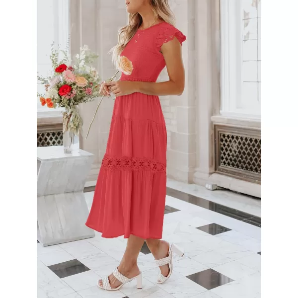 imageZESICA Womens 2024 Casual Crew Neck Flutter Sleeve Smocked High Waist Hollow Out Lace Trim Tiered A Line Midi DressWatermelon