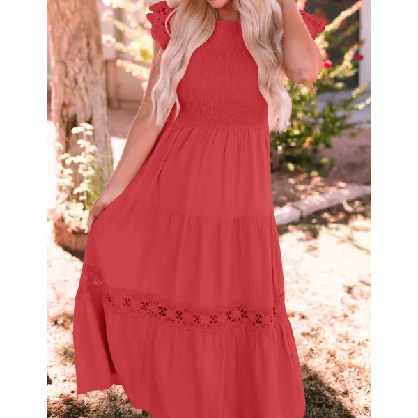 imageZESICA Womens 2024 Casual Crew Neck Flutter Sleeve Smocked High Waist Hollow Out Lace Trim Tiered A Line Midi DressWatermelon
