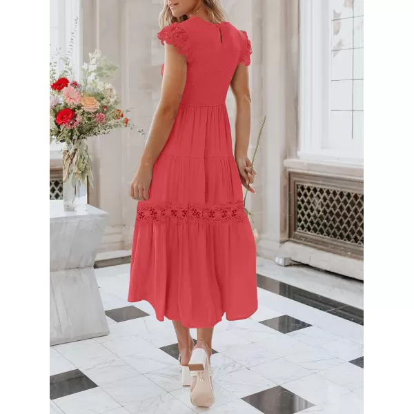 imageZESICA Womens 2024 Casual Crew Neck Flutter Sleeve Smocked High Waist Hollow Out Lace Trim Tiered A Line Midi DressWatermelon