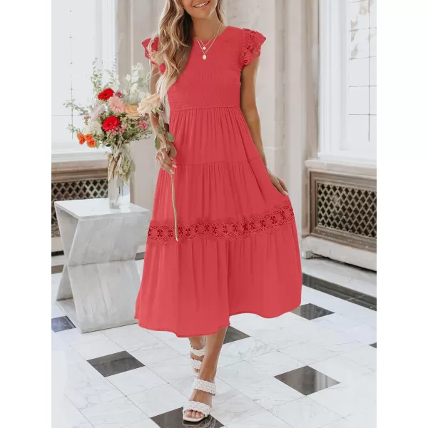 imageZESICA Womens 2024 Casual Crew Neck Flutter Sleeve Smocked High Waist Hollow Out Lace Trim Tiered A Line Midi DressWatermelon