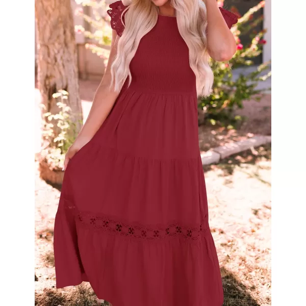imageZESICA Womens 2024 Casual Crew Neck Flutter Sleeve Smocked High Waist Hollow Out Lace Trim Tiered A Line Midi DressWine