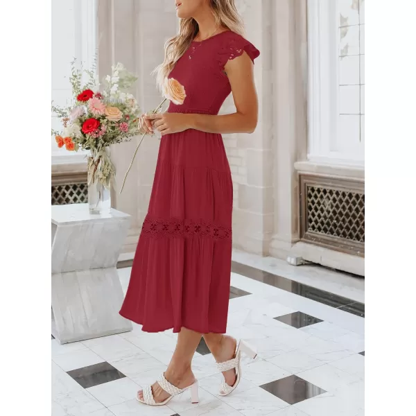 imageZESICA Womens 2024 Casual Crew Neck Flutter Sleeve Smocked High Waist Hollow Out Lace Trim Tiered A Line Midi DressWine