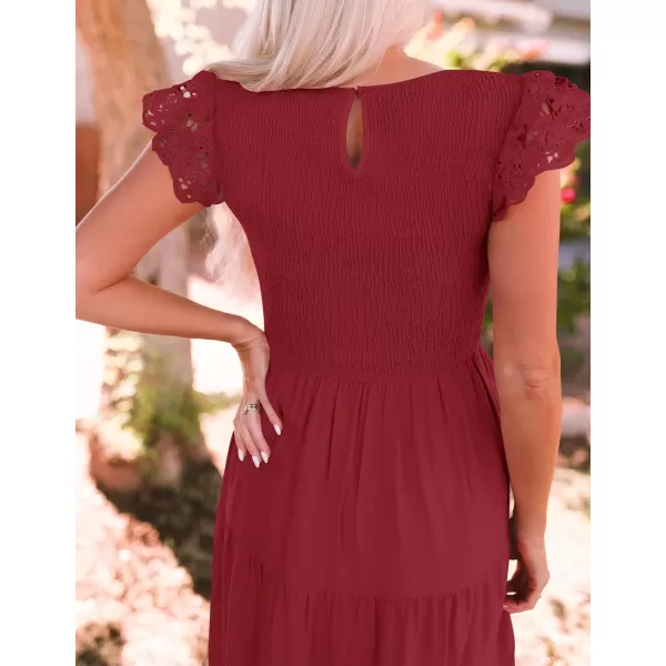 imageZESICA Womens 2024 Casual Crew Neck Flutter Sleeve Smocked High Waist Hollow Out Lace Trim Tiered A Line Midi DressWine