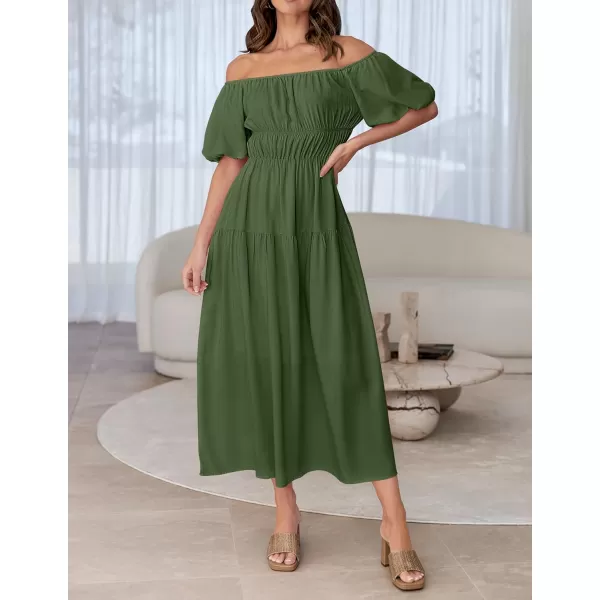 imageZESICA Womens 2024 Sexy Boho Off Shoulder Puff Short Sleeve High Waist Ruffled Flowy A Line Beach Party Midi DressArmygreen