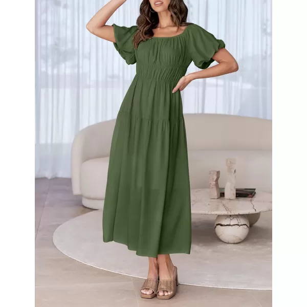 imageZESICA Womens 2024 Sexy Boho Off Shoulder Puff Short Sleeve High Waist Ruffled Flowy A Line Beach Party Midi DressArmygreen