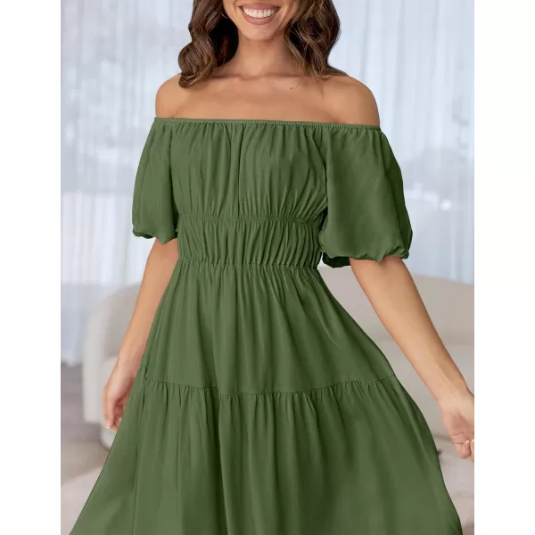 imageZESICA Womens 2024 Sexy Boho Off Shoulder Puff Short Sleeve High Waist Ruffled Flowy A Line Beach Party Midi DressArmygreen