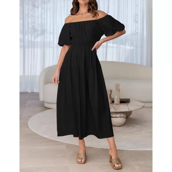 imageZESICA Womens 2024 Sexy Boho Off Shoulder Puff Short Sleeve High Waist Ruffled Flowy A Line Beach Party Midi DressBlack