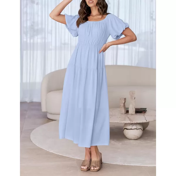 imageZESICA Womens 2024 Sexy Boho Off Shoulder Puff Short Sleeve High Waist Ruffled Flowy A Line Beach Party Midi DressBlue