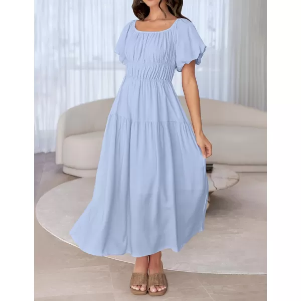 imageZESICA Womens 2024 Sexy Boho Off Shoulder Puff Short Sleeve High Waist Ruffled Flowy A Line Beach Party Midi DressBlue