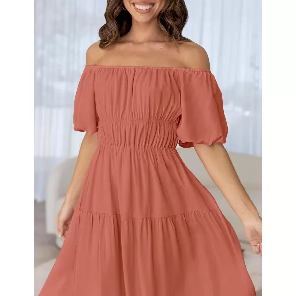 imageZESICA Womens 2024 Sexy Boho Off Shoulder Puff Short Sleeve High Waist Ruffled Flowy A Line Beach Party Midi DressCoral
