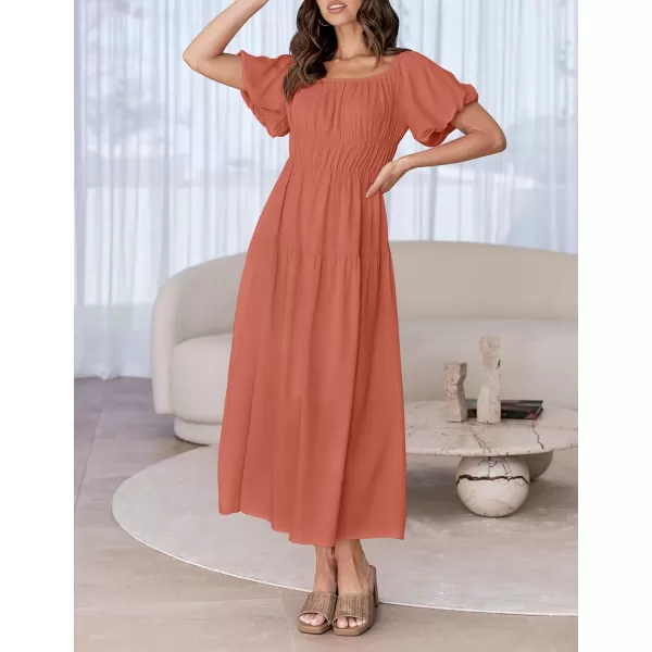 imageZESICA Womens 2024 Sexy Boho Off Shoulder Puff Short Sleeve High Waist Ruffled Flowy A Line Beach Party Midi DressCoral