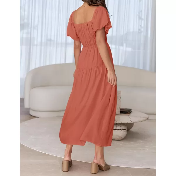 imageZESICA Womens 2024 Sexy Boho Off Shoulder Puff Short Sleeve High Waist Ruffled Flowy A Line Beach Party Midi DressCoral