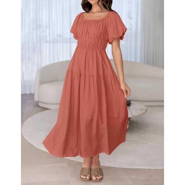 imageZESICA Womens 2024 Sexy Boho Off Shoulder Puff Short Sleeve High Waist Ruffled Flowy A Line Beach Party Midi DressCoral