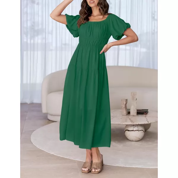 imageZESICA Womens 2024 Sexy Boho Off Shoulder Puff Short Sleeve High Waist Ruffled Flowy A Line Beach Party Midi DressDarkgreen