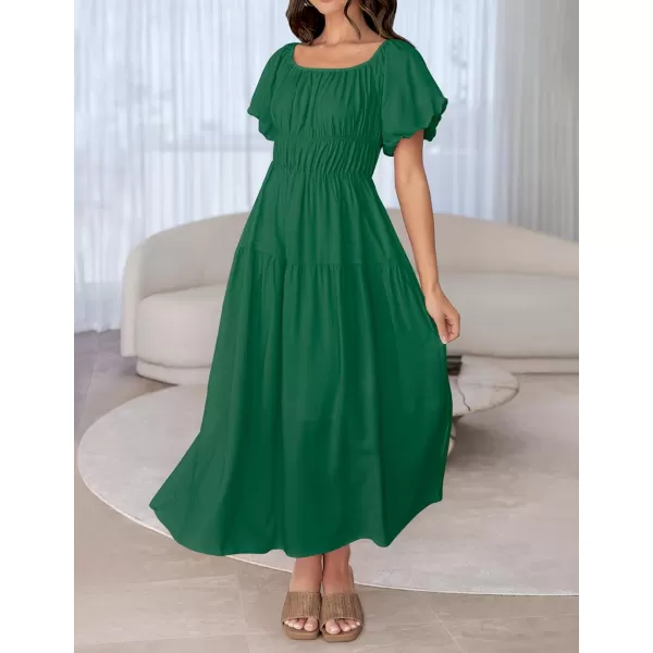 imageZESICA Womens 2024 Sexy Boho Off Shoulder Puff Short Sleeve High Waist Ruffled Flowy A Line Beach Party Midi DressDarkgreen